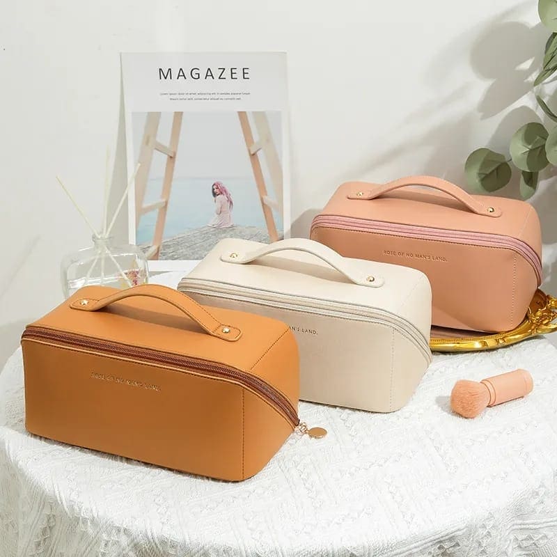 Classy Cosmetic Bag, Portable Leather Makeup Pouch, Waterproof Travel Washbag, Large Opening Makeup Bag, Multifunctional Leather Organizer Bag With Dividers And Handle, Lay Flat Large Opening Makeup Bag Classy Cosmetic Bag, Portable Leather Makeup Pouch, Waterproof Travel Washbag, Large Opening Makeup Bag, Multifunctional Leather Organizer Bag With Dividers And Handle, Lay Flat Large Opening Makeup Bag